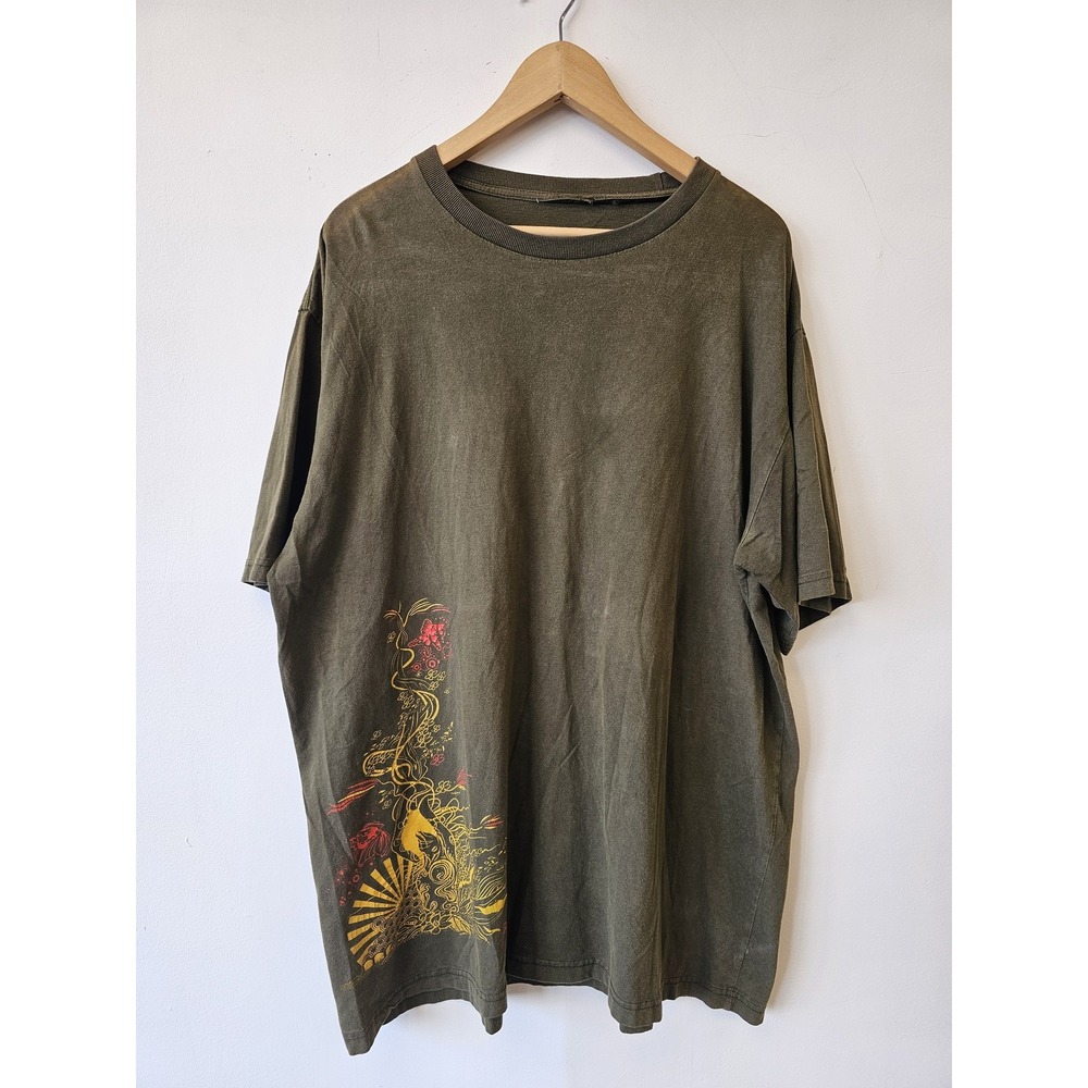 Vintage Graphic Shirt Mens Extra‎ Large Olive Green Artistic Print Tee 2000s Y2k